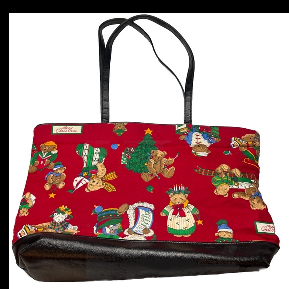 Christmas Teddy BEAR TOTE BAG RED Green cotton Tree gift Santa holiday 13”x19” - Picture 1 of 16